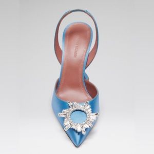 Amina Muaddi Begum baby blue satin slingback heels